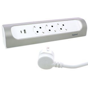 Подовжувач КУТОВИЙ 3х2К+З розетки 16 А з USB A+C , з кабелем 2 м, алюміній, фарбований в колір Білий (694502) 694502 фото